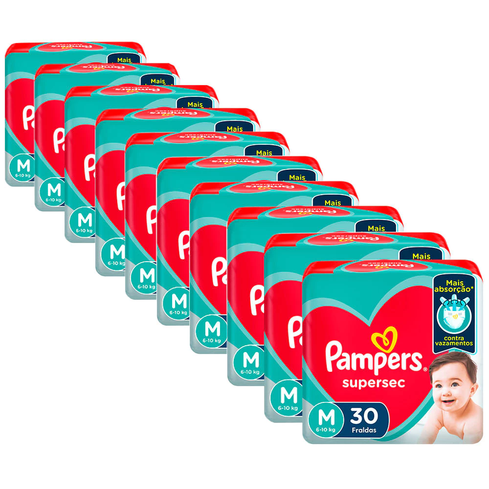 Kit 10 Fraldas Pampers Supersec Pacotão M - 300 Tiras